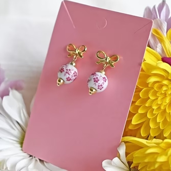 NEW Cute Gold and Pink Bow Cherry Blossom Ceramic Bead Earrings 🌸 main image 6
